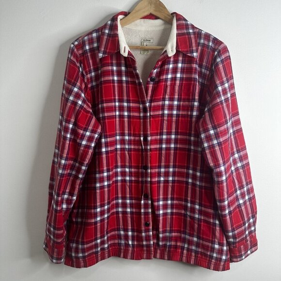 LL Bean Shirt Shacket Jacket Womens M Red Plaid Fleece Lined Button Up Outdoors - Picture 1 of 11